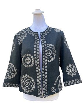 Black Silk Embroidered Jacket Open Front Boho Cropped Petite PL
